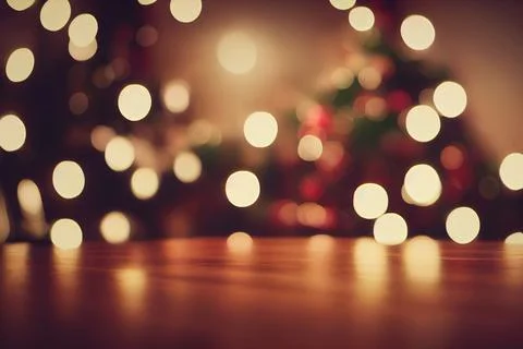 Bokeh Christmas Tree Lights Warm White Rustic Wood Table Top Home Background Stock Illustration