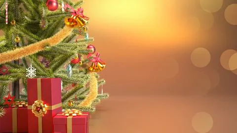 Bokeh effect christmas tree gold background with red gift boxes and copyspace Stock Illustration