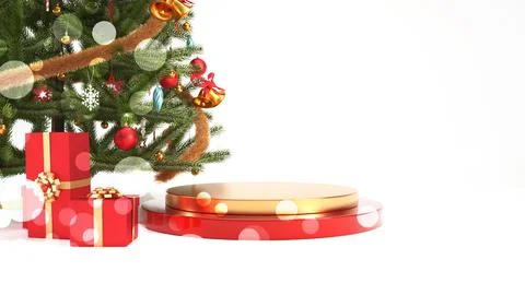 Bokeh effect red and gold happy new year podium or stand with christmas tree and Stock Illustration