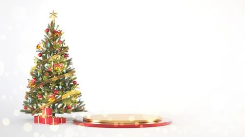 Bokeh effect red and gold happy new year podium or stand with christmas tree and Stock Illustration