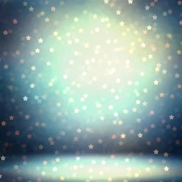 Bokeh stars fly into blue empty room 3d illustration. Magical night background. Stock Illustration