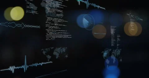 Bokeh starting HUD forming traces aligning, gauges rotating code clarifying, map Stock Footage 329533663