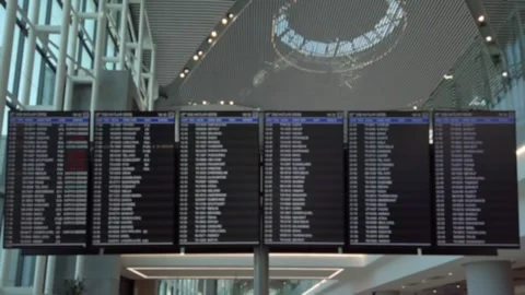 Bokeh view of time table in transit zone of new Istanbul Airport, Turkey. Stock Footage 308129558