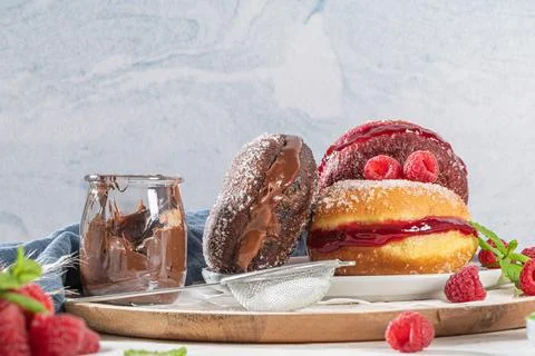 Bolas de Berlim, or "Berlin Balls". Portuguese fried dough with sugar, Filled Stock Photos