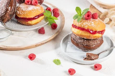 Bolas de Berlim, or "Berlin Balls". Portuguese fried dough with sugar, Filled Stock Photos