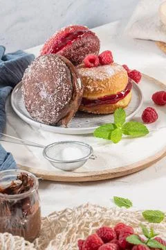 Bolas de Berlim, or "Berlin Balls". Portuguese fried dough with sugar, Filled Stock Photos