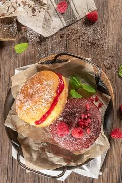 Bolas de Berlim, or "Berlin Balls". Portuguese fried dough with sugar, Filled Stock Photos