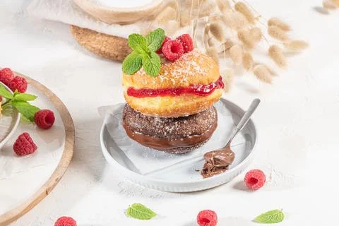 Bolas de Berlim, or "Berlin Balls". Portuguese fried dough with sugar, Filled Stock Photos