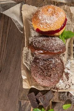 Bolas de Berlim, or "Berlin Balls". Portuguese fried dough with sugar, Filled Stock Photos