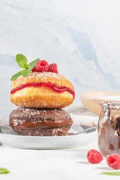 Bolas de Berlim, or "Berlin Balls". Portuguese fried dough with sugar, Filled Stock Photos