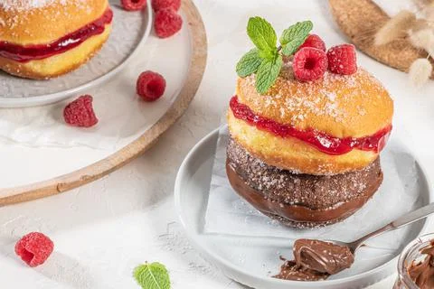 Bolas de Berlim, or "Berlin Balls". Portuguese fried dough with sugar, Filled Stock Photos