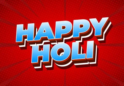 Bold 3D blue text reading HAPPY HOLI on a red dotted comic style background.. Stock Illustration
