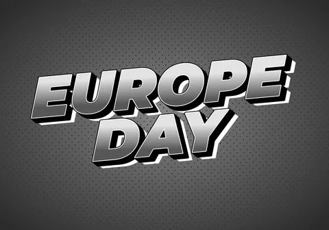 Bold 3d comic style EUROPE DAY text in metallic grayscale on a dotted dark .. Stock Illustration