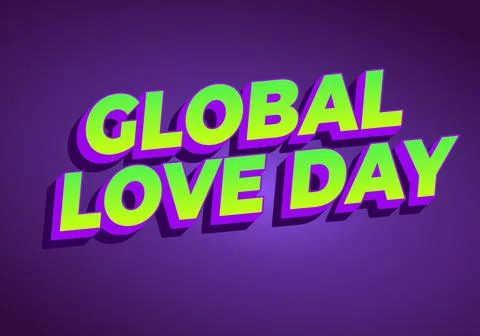 Bold 3d neon text reading GLOBAL LOVE DAY in lime green with purple outline.. Stock Illustration
