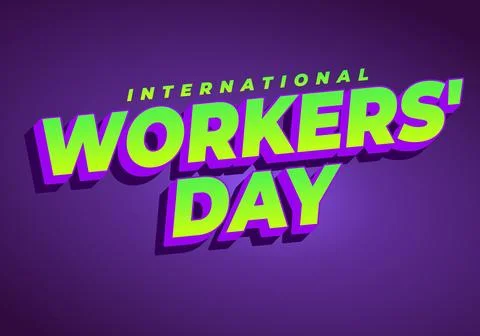 Bold 3D neon text reading International Workers Day in lime green with purp.. Stock Illustration