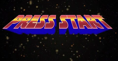Bold 3D PRESS START text floating in outer space, with gradient effect, blue Stock Photos