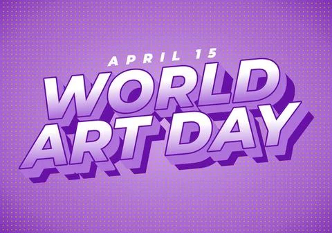 Bold 3D purple text World Art Day with April 15 on dotted purple background.. Illustrazione stock