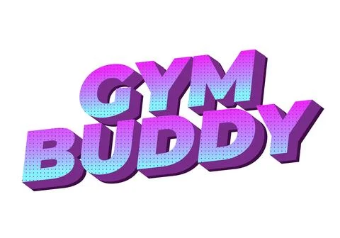 Bold 3d retro text gym buddy in purple and cyan gradient with halftone dots.. Stock Illustration