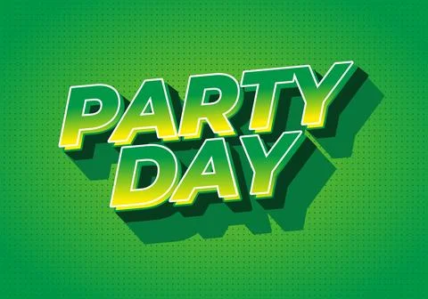 Bold 3D retro text party day in yellow and green with long shadows on a dot.. Illustrazione stock