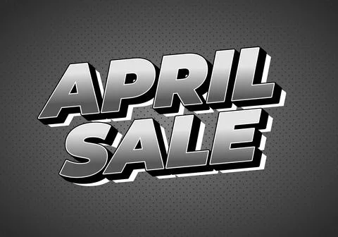 Bold 3d silver text April sale on a dark dotted gradient background, comic .. Illustrazione stock