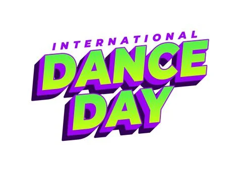 Bold 3d text dance day in neon green with purple shadow and small internati.. Stock Illustration