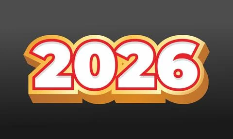 Bold 3D Text Effect of Year 2026 with Golden Bevel and White Red Outline Stock Illustration