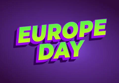 Bold 3D text EUROPE DAY in neon green with purple shadow on a dark purple g.. Stock Illustration