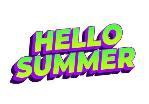 Bold 3d text reading Hello Summer in bright lime green with purple outlines.. Stock Illustration
