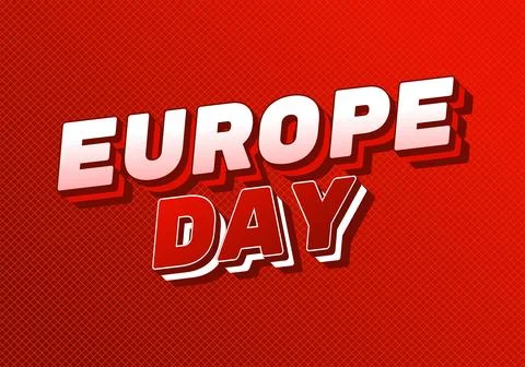 Bold 3D typography reading EUROPE DAY in white and red on a textured red ba.. Illustrazione stock