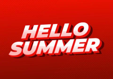 Bold 3d white and pink text reading HELLO SUMMER on a vibrant red gradient .. Stock Illustration