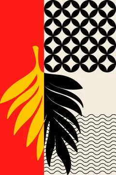 Bold Abstract Botanical Wall Art with Red Orange and Black Leaves Stock Illustration