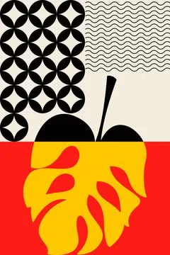 Bold Abstract Botanical Wall Art with Red Orange and Black Leaves Stock Illustration