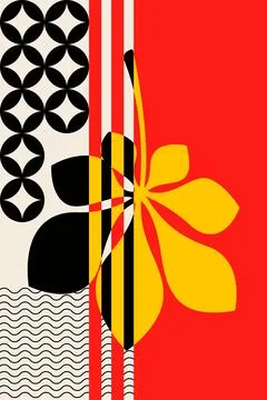 Bold Abstract Botanical Wall Art with Red Orange and Black Leaves Stock Illustration