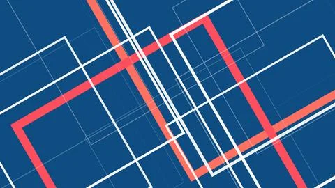 Bold abstract geometry blends crisp white and coral red lines over a deep b.. Illustrazione stock