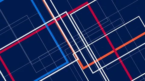 A bold abstract pattern of intersecting geometric lines and grids in deep b.. 库存插图