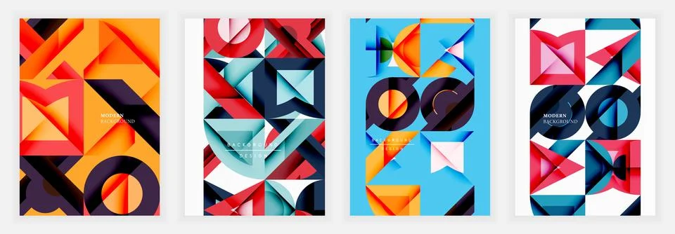 Bold abstract posters featuring geometric forms like arrows, circles, triangles, Illustrazione stock