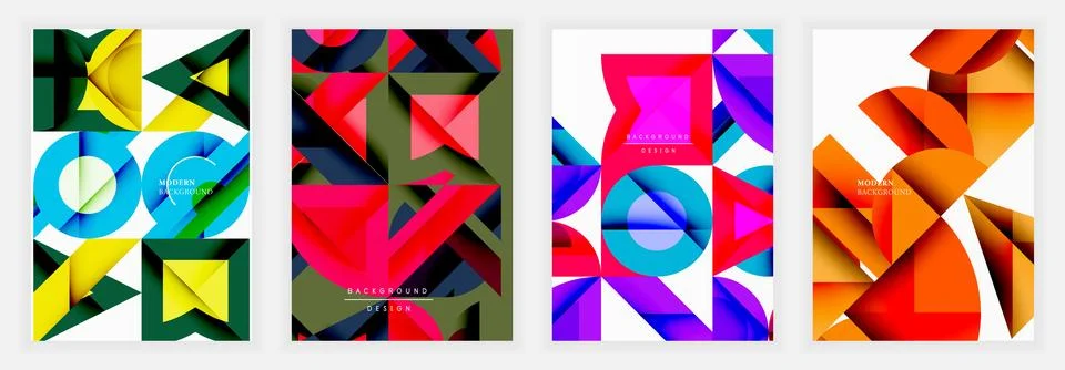 Bold abstract posters featuring overlapping geometric shapes like squares, Illustrazione stock