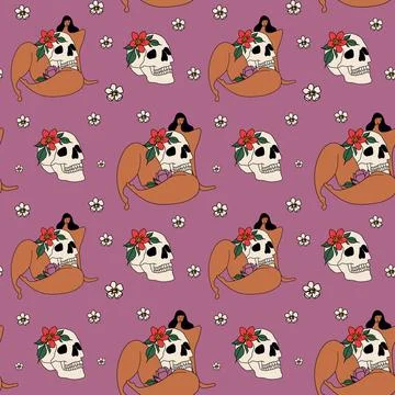 Bold and colorful pattern with skulls, flowers, and whimsical figures Illustrazione stock