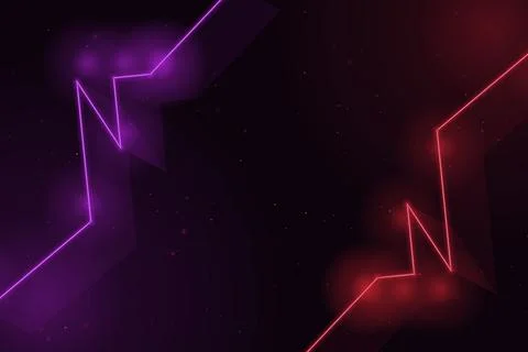Bold angular light trails in vivid violet and red cut across a shadowy spac.. Illustrazione stock