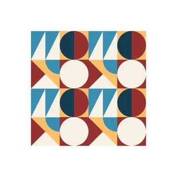 A bold Bauhaus-inspired geometric pattern featuring circles, triangles, and Stock Illustration