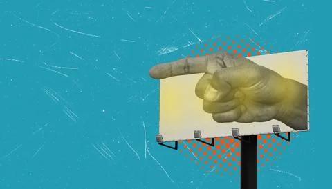 Bold billboard displays pointing hand against bright blue background, attra.. Stock Photos