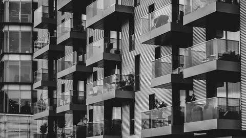 Bold black and white geometry of modern facade with minimal contrast lines.. Stock Photos