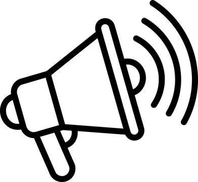 A bold black and white line art illustration of a megaphone device icon use.. Stock Illustration