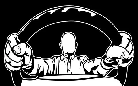 Bold black and white vector illustration of a driver holding a steering whe.. Stock Illustration