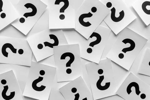 Bold black question marks on paper cards Stock Photos