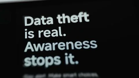 Bold black screen states that data theft is real and awareness stops it Stock Photos