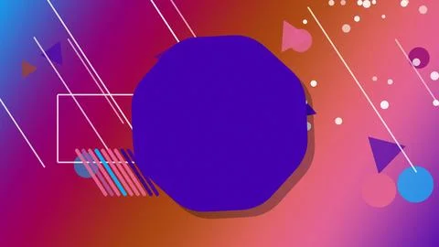 A bold blue circular shape sits in the center with floating triangles, dots.. イラスト素材