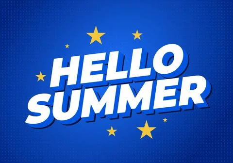Bold blue graphic with white 3d text hello summer and yellow stars, dotted .. Stock Illustration