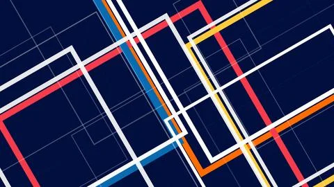 Bold blue grid and intersecting geometric lines in red, white, and yellow c.. Stock Illustration