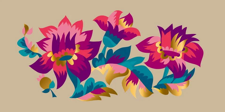 Bold bright folk style floral design element. Illustrazione stock